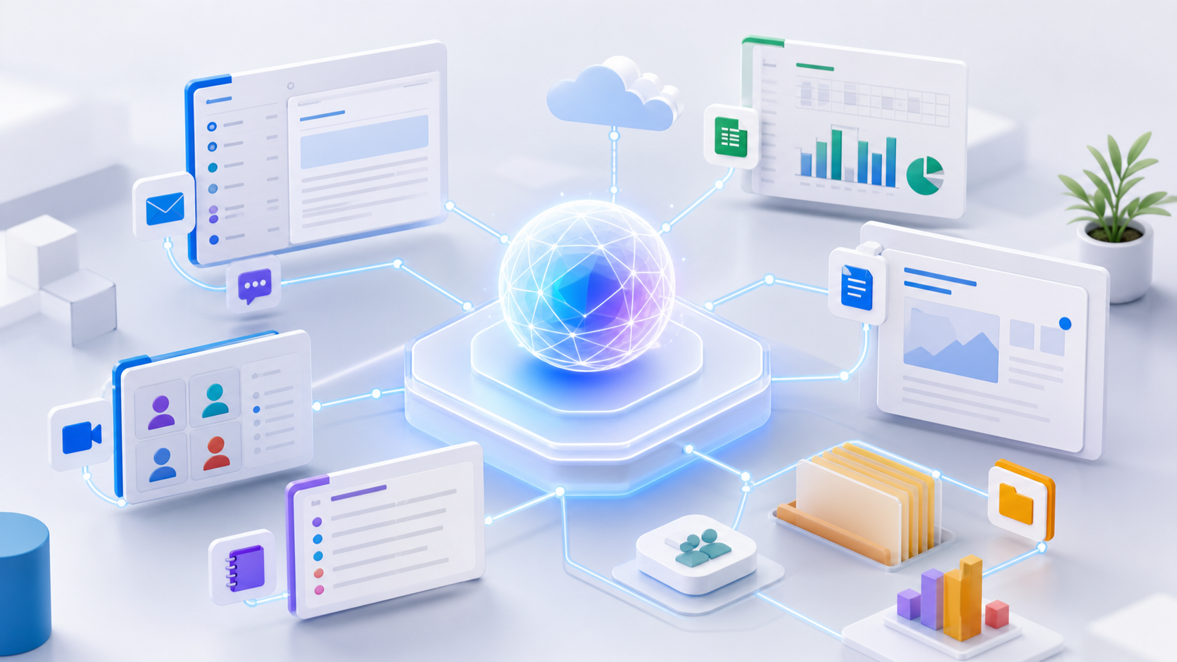 Illustrazione editoriale di un assistente AI integrato con documenti, email, fogli di calcolo e riunioni